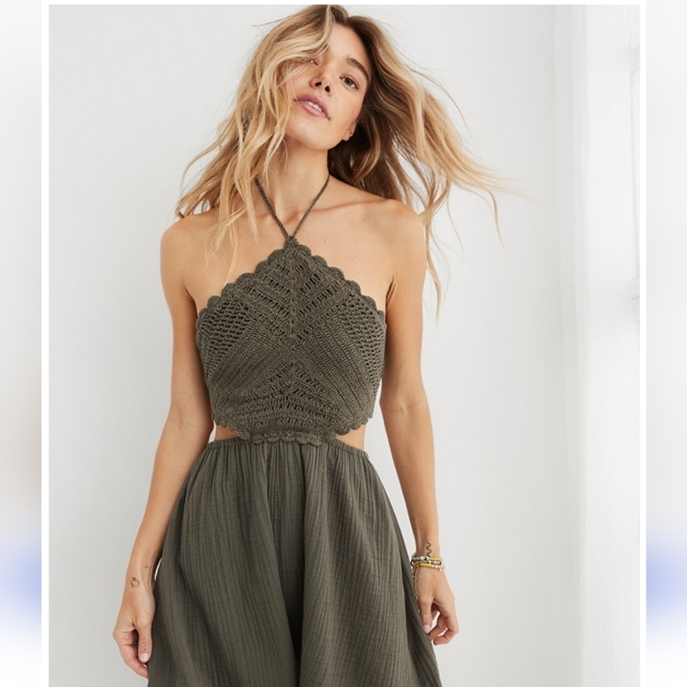 Aerie Pool-To-Party Crochet Halter Mini Dress Women's XS/TP Washed Olive Green